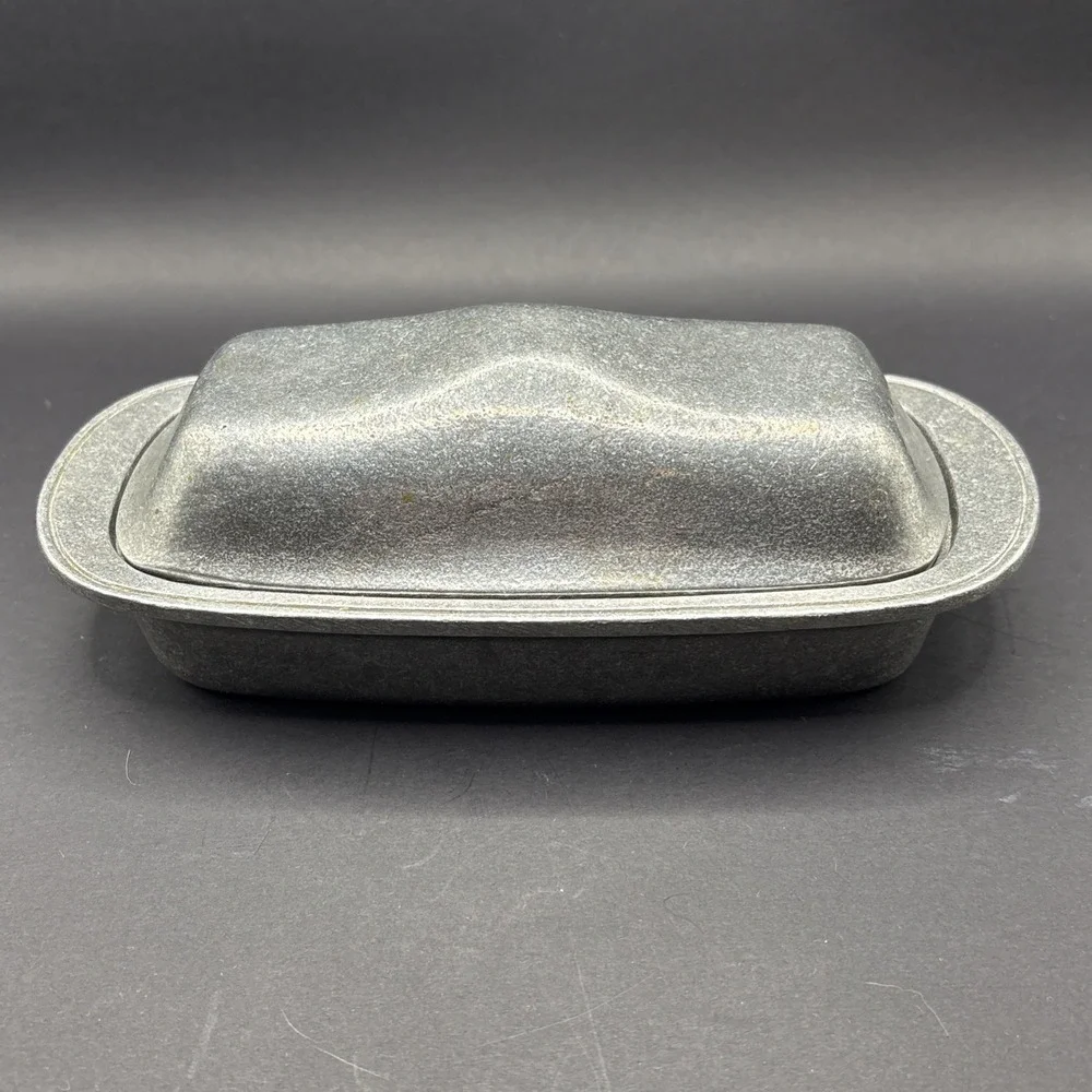 Complete 3-Pc Signed Wilton Armetale Pewter Tavern Butter Dish Glass Liner